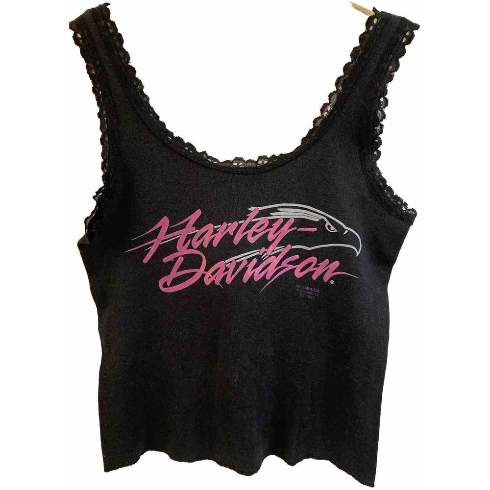 Vtg 90s 3D Emblem Harley Davidson Lace Crop Top Tank Medium Black Eagle 1990
